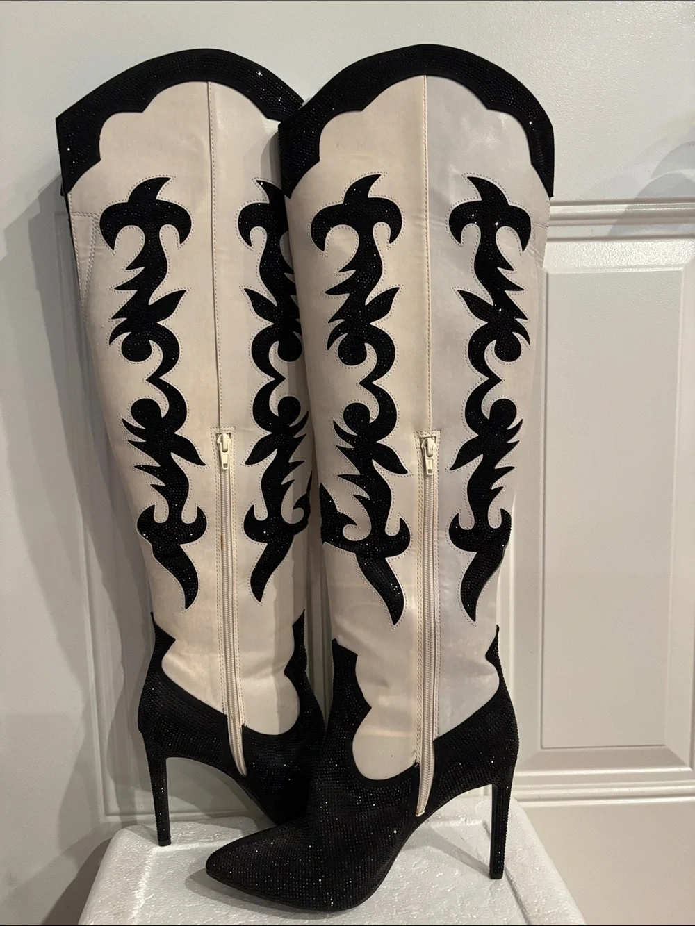 Tall Western-Inspired Knee Boots in Cream and Black